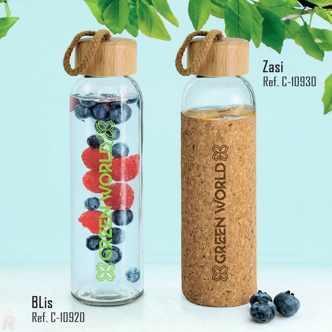 Botella Cristal Tapón Bambú Funda Corcho ZASI...