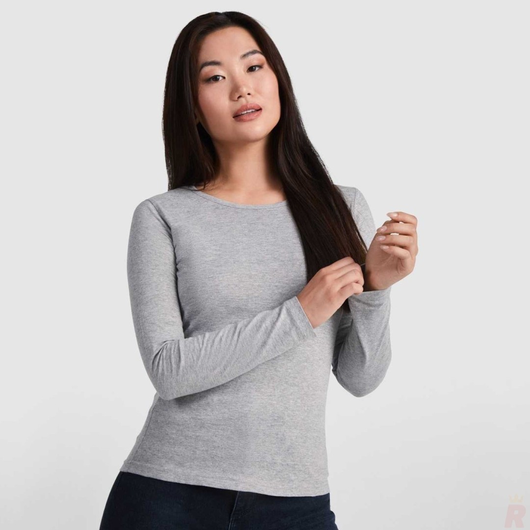 Camiseta Básica Semientallada Mujer Manga Larga...